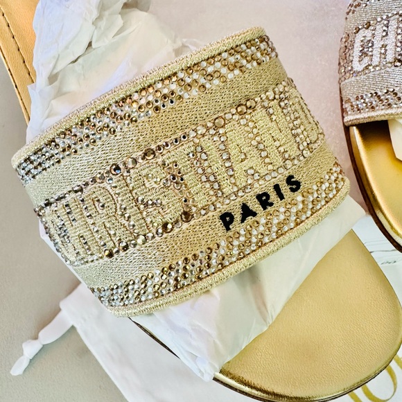 DIOR Dway Heeled SlideGold-Tone with Metallic Thread Strass 62k gold siz… - Picture 2 of 14